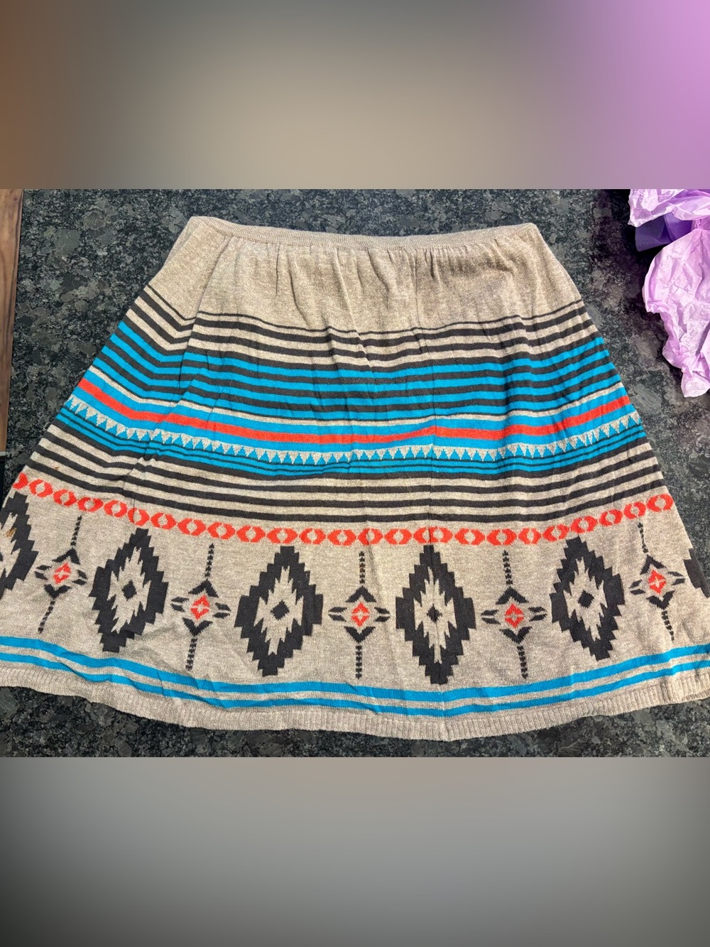Southwestern Striped Geo Knit Skirt in Beige with Blue & Red Accents